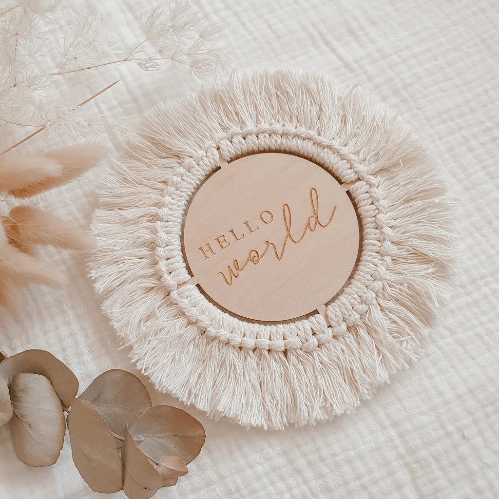 Wooden Fringed Etched Plaque - Hello World