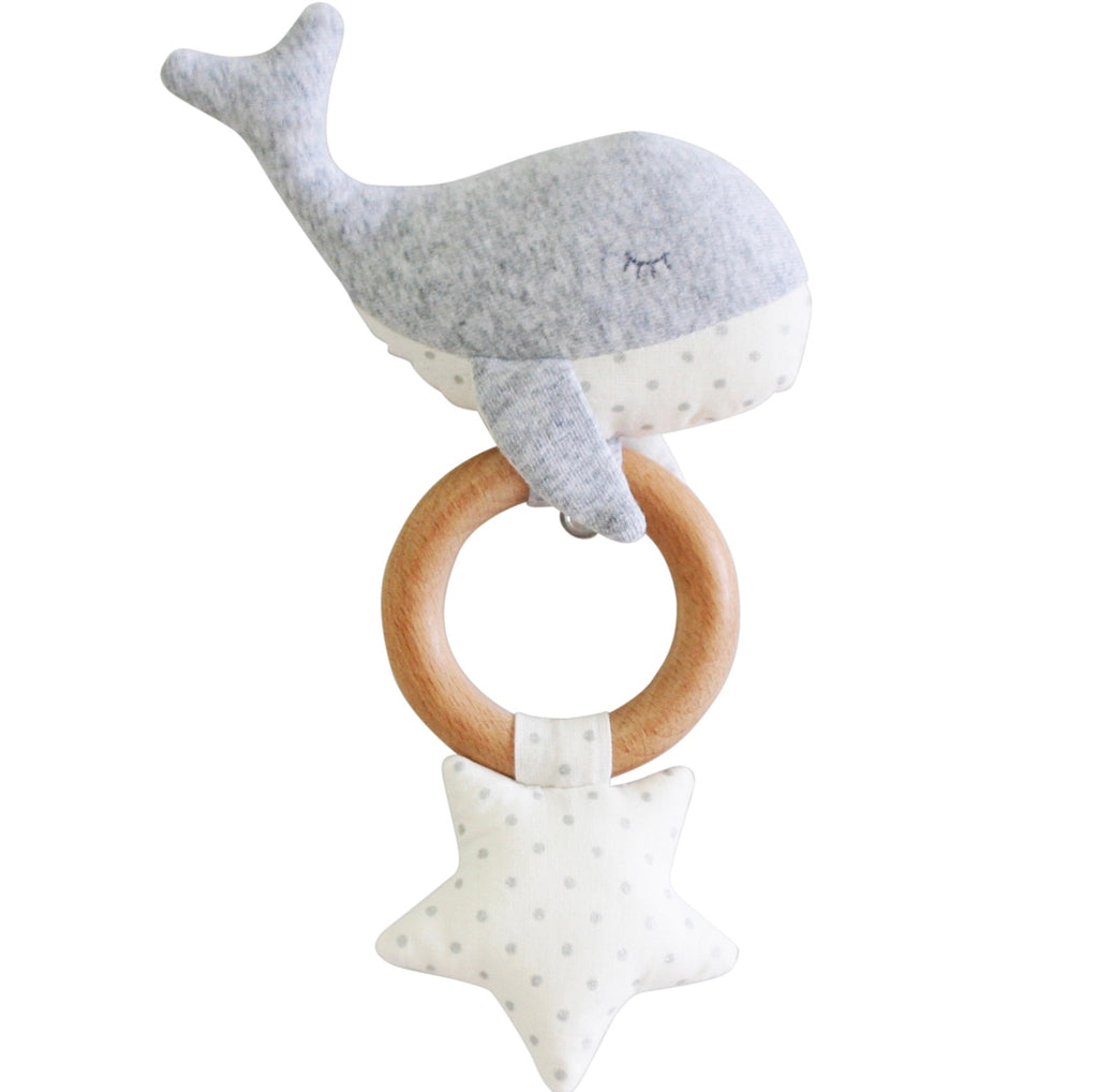 Squeaker Rattle Teether - Whimsy Whale Grey