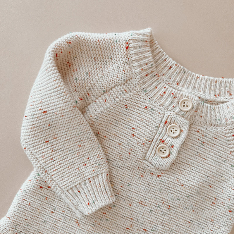 Long Sleeved Knit Romper - Oatmeal Sprinkle