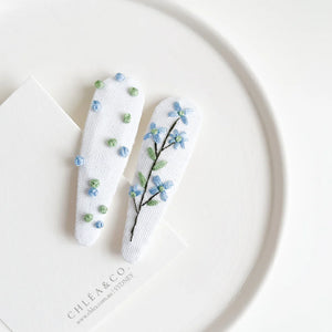 Embroidered Floral Hair Clips - Blue Fleur - Set of 2