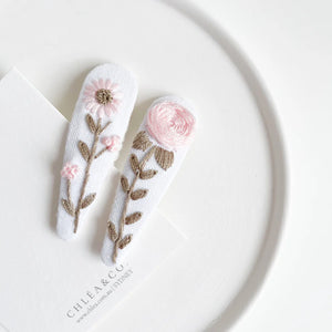 Embroidered Floral Hair Clips - Pastel Rose - Set of 2