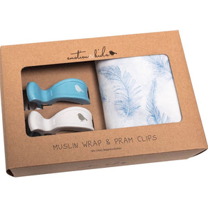 Muslin Wrap & Pram Clips Set - Blue Feathers
