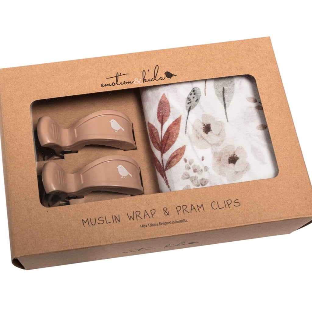 Muslin Wrap & Pram Clips Set - Boho Floral