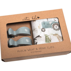 Muslin Wrap & Pram Clips Set - Farm