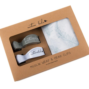 Muslin Wrap & Pram Clips Set - Grey Feathers
