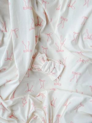 Jersey Swaddle & Topknot Set - Pink Bows