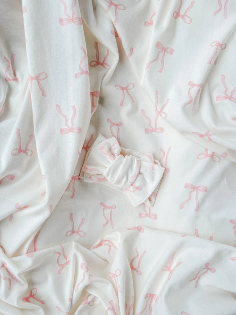 Jersey Swaddle & Topknot Set - Pink Bows