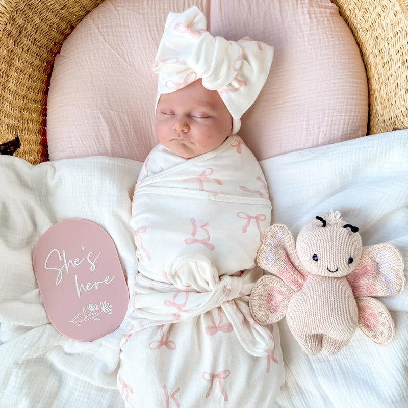 Jersey Swaddle & Topknot Set - Pink Bows