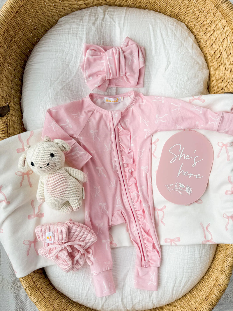 Jersey Swaddle & Topknot Set - Pink Bows