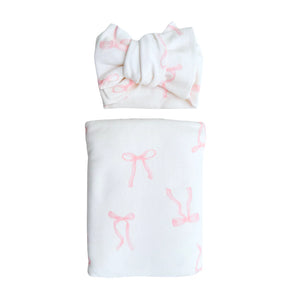 Jersey Swaddle & Topknot Set - Pink Bows