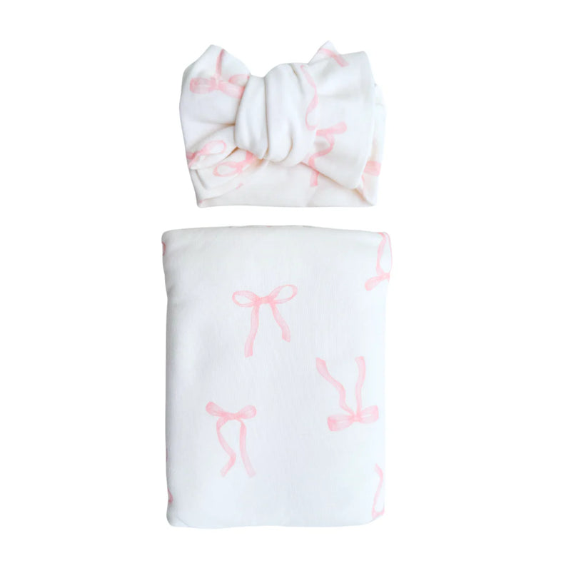 Jersey Swaddle & Topknot Set - Pink Bows