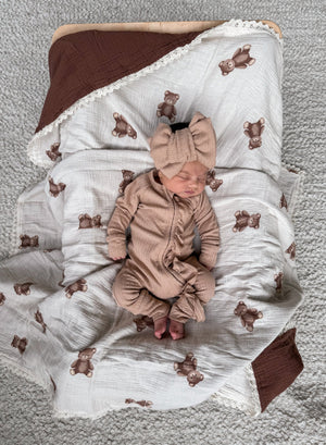 Muslin Crinkle Organic Lace Blanket - Teddies & Chocolate