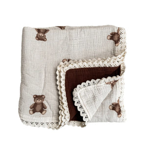 Muslin Crinkle Organic Lace Blanket - Teddies & Chocolate