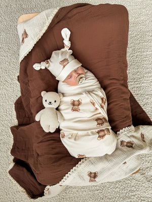 Muslin Crinkle Organic Lace Blanket - Teddies & Chocolate