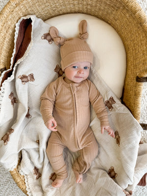 Muslin Crinkle Organic Lace Blanket - Teddies & Chocolate