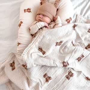 Muslin Crinkle Organic Lace Blanket - Teddies & Chocolate