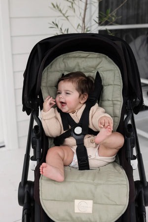 French Linen Pram Liner - Soft Sage & Pinstripe