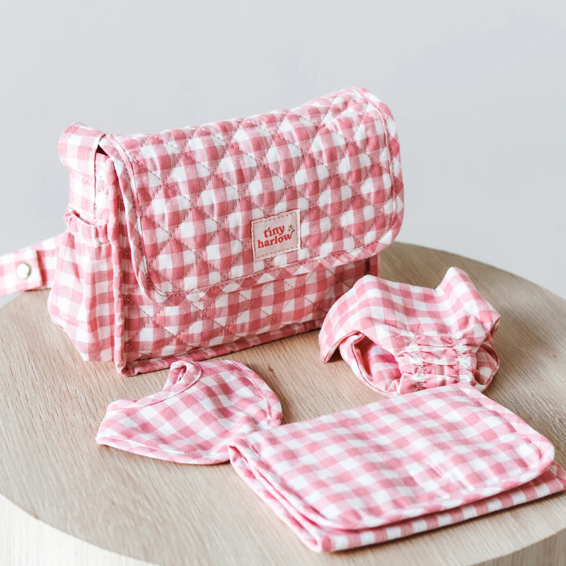 Tiny Harlow - Doll's Nappy Bag - Pink Gingham