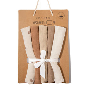Organic Muslin Baby Wash Cloths - Dusty Dunes 5 Pack