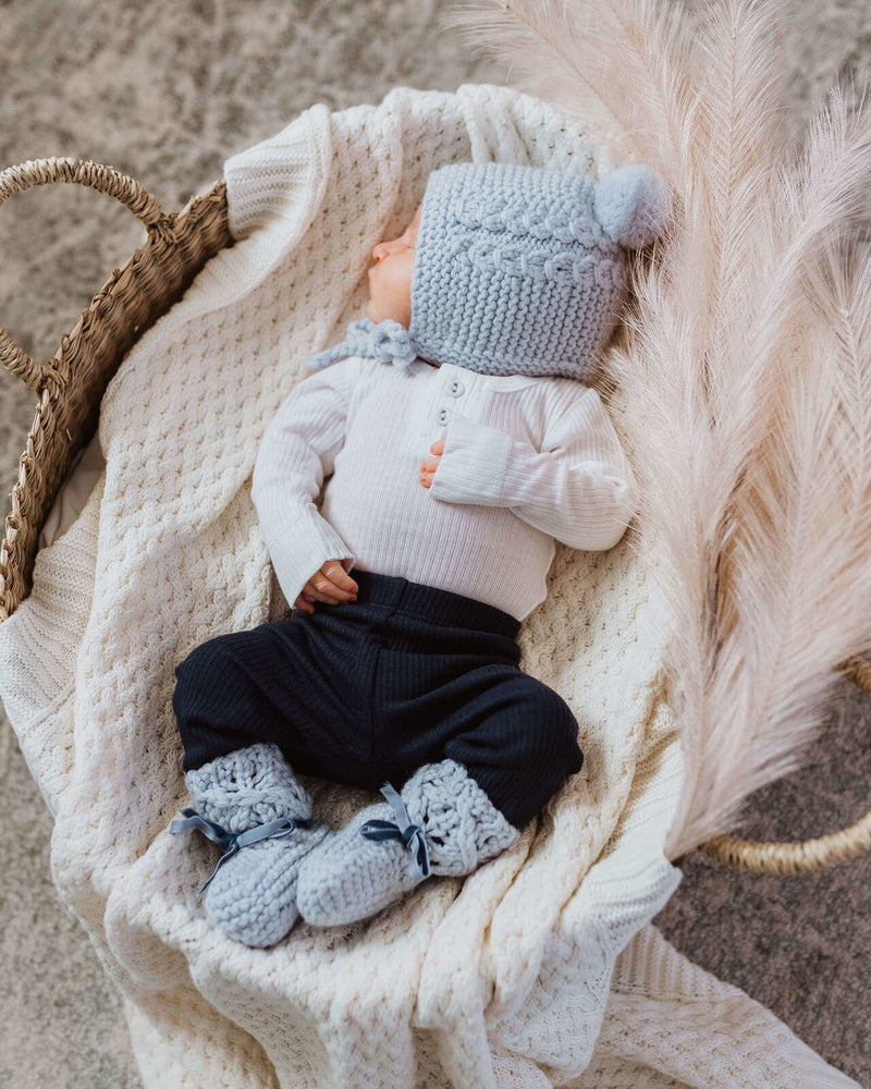 Merino Wool Baby Bonnet & Booties Set - Blue