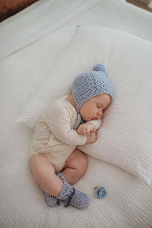 Merino Wool Baby Bonnet & Booties Set - Blue