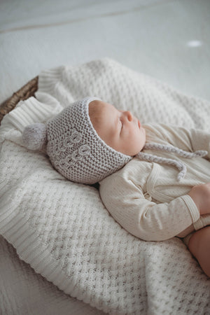 Merino Wool Baby Bonnet & Booties Set - Grey