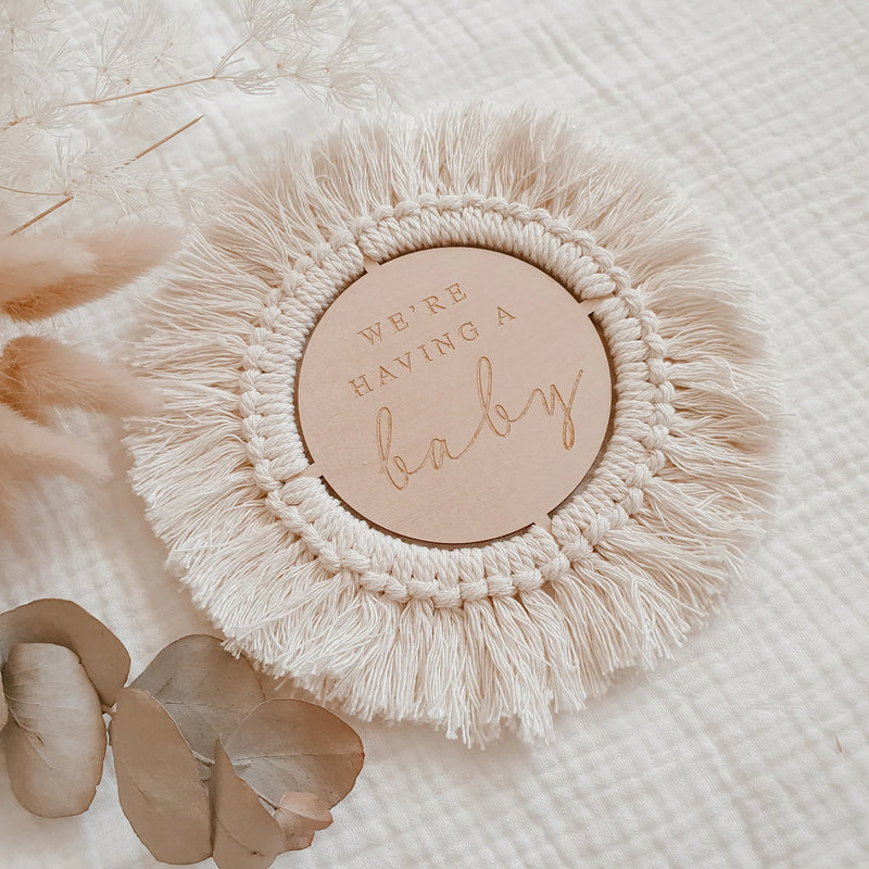 Wooden Fringed Etched Plaque - We're Having a Baby