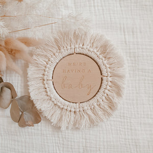 Wooden Fringed Etched Plaque - We're Having a Baby