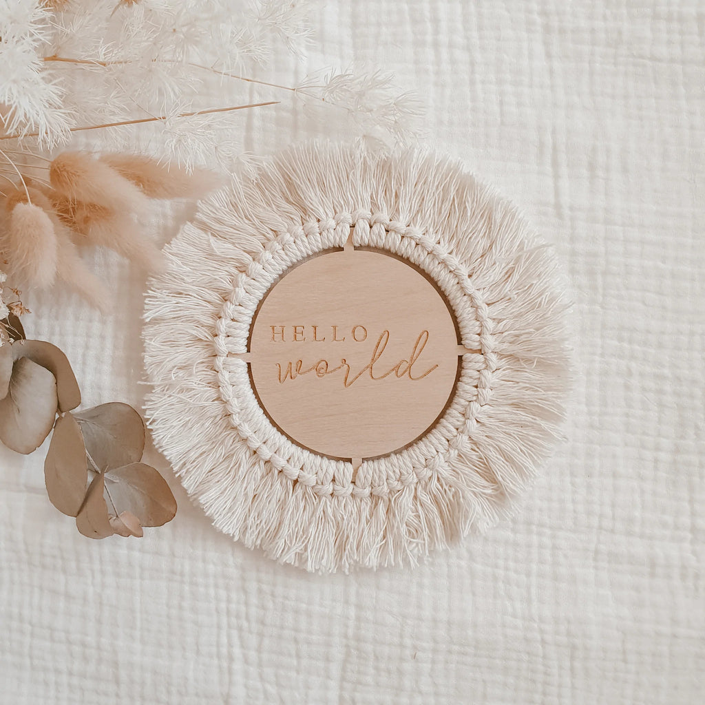 Wooden Fringed Etched Plaque - Hello World