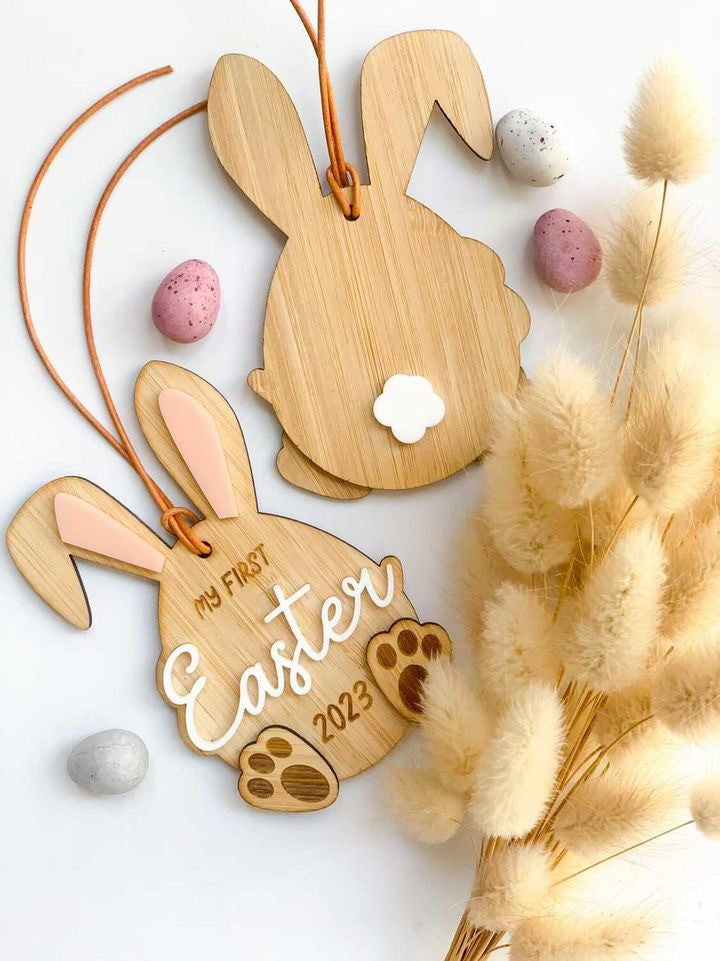 Bamboo Plaque - My First Easter - Bunny (Pink Ears Left)
