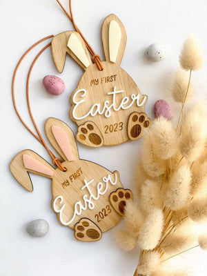 Bamboo Plaque - My First Easter - Bunny (Pink Ears Left)