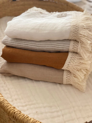Fringed 100% Linen Blanket - White