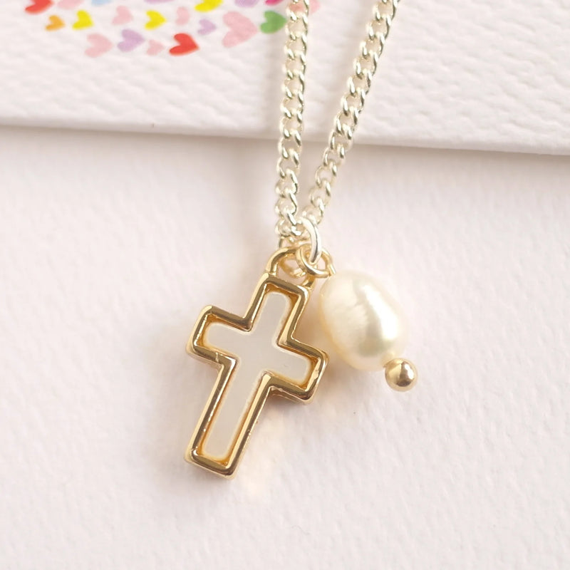 Necklace - Mother of Pearl Cross with Fresh Water Pearl